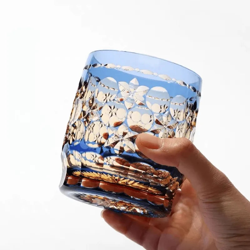 Edo Kiriko Blue & Gold Hand-Cut Whisky Glass