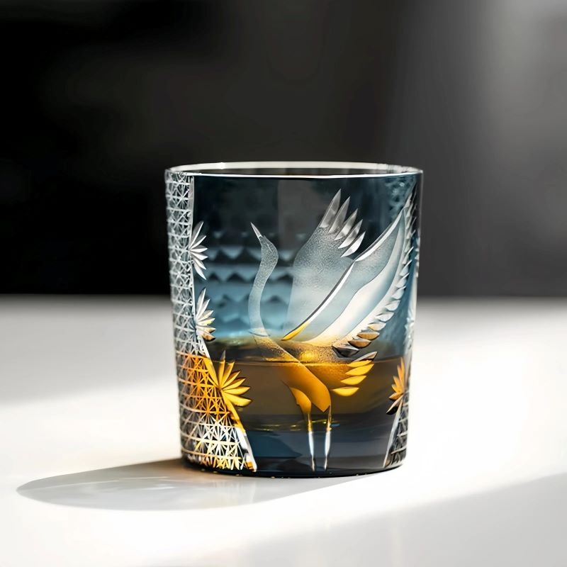 Edo Kiriko Soaring Crane (Tsuru) Hand-Cut Whisky Glass