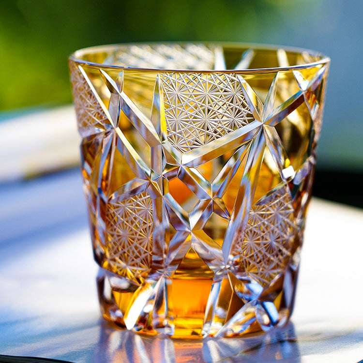Edo Kiriko Amber Crane Lightning Hand-Cut Whisky Glass