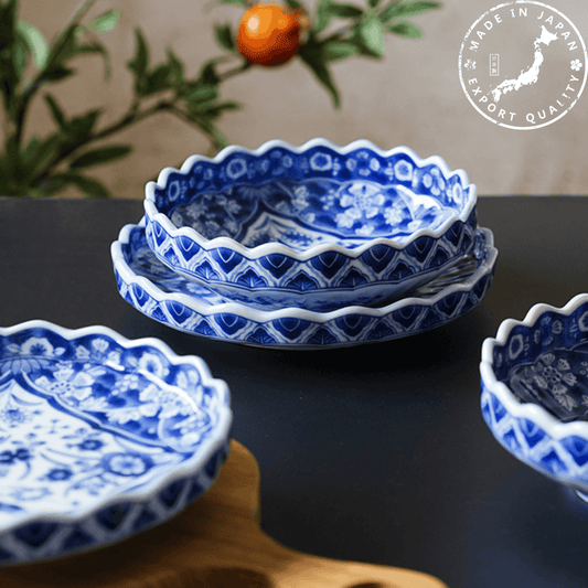 Japanese Handcrafted Ceramic Blue and White Decorated Plates/Bowls