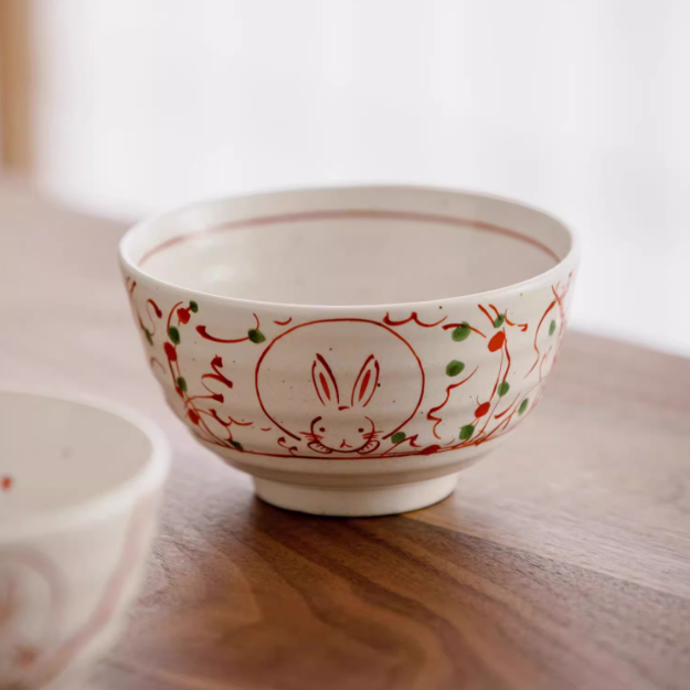Authentic Hasami-yaki Hand-Painted Rabbit Motif Stoneware Bowl Set