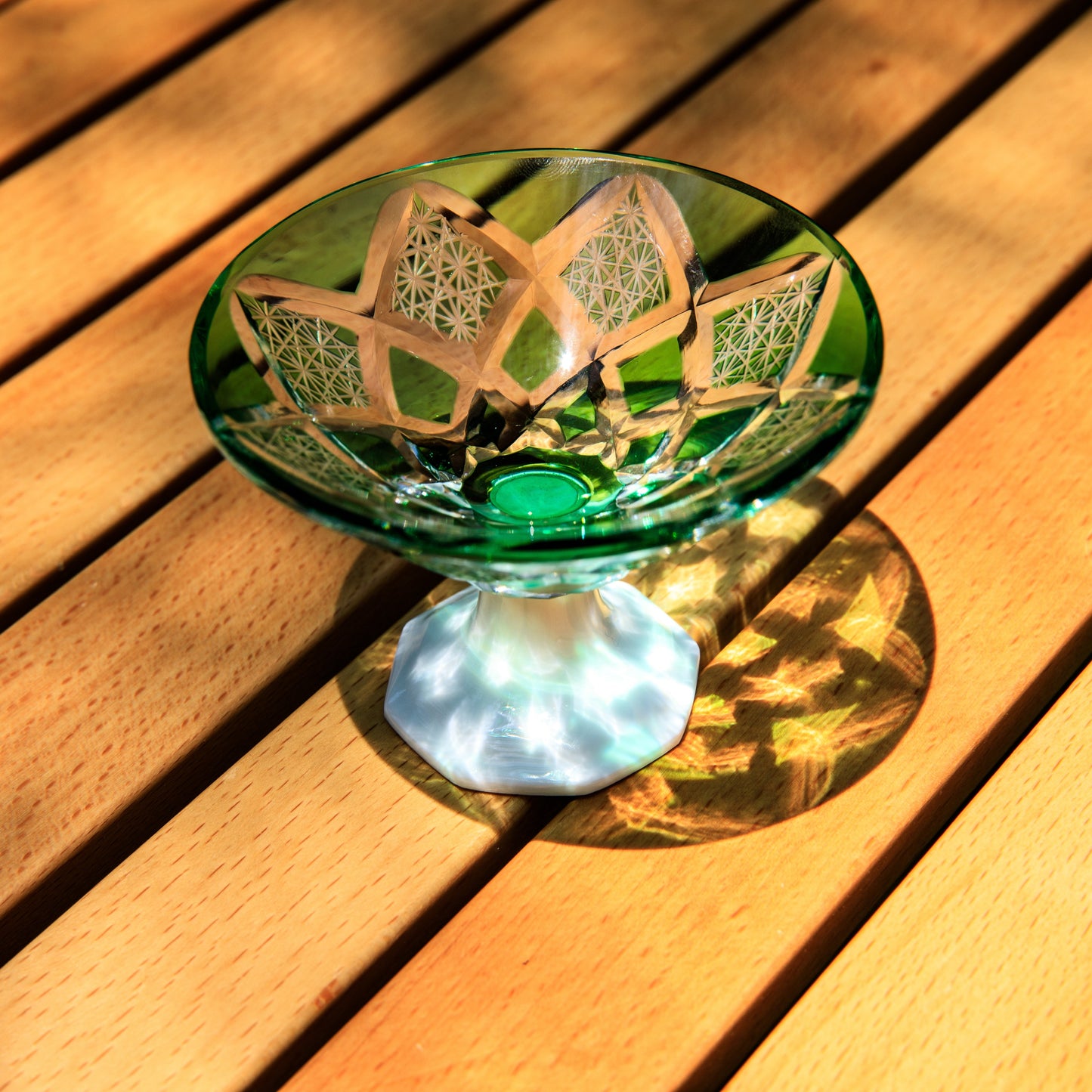 Edo Kiriko Handcrafted Kohaku Sake Glass | Hand-Cut Crystal Cup with Porcelain Base & Wooden Box