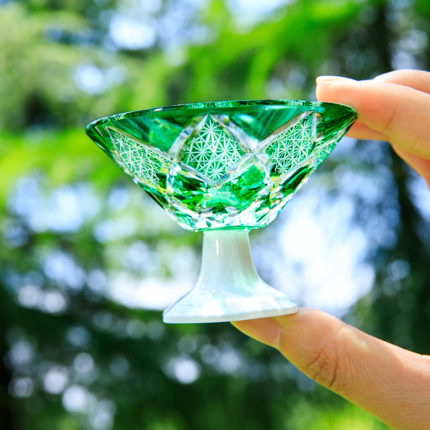 Edo Kiriko Handcrafted Kohaku Sake Glass | Hand-Cut Crystal Cup with Porcelain Base & Wooden Box