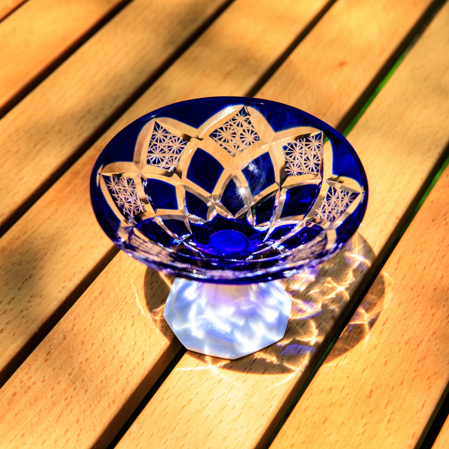 Edo Kiriko Handcrafted Kohaku Sake Glass | Hand-Cut Crystal Cup with Porcelain Base & Wooden Box