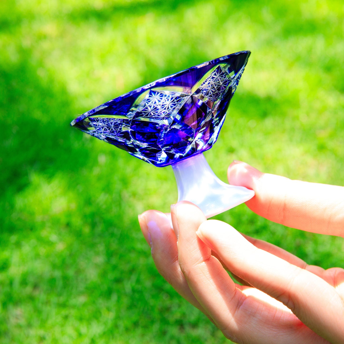 Edo Kiriko Handcrafted Kohaku Sake Glass | Hand-Cut Crystal Cup with Porcelain Base & Wooden Box
