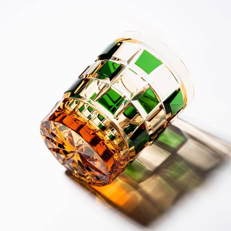 Edo Kiriko Green Amber Grid Hand-Cut Whisky Glass