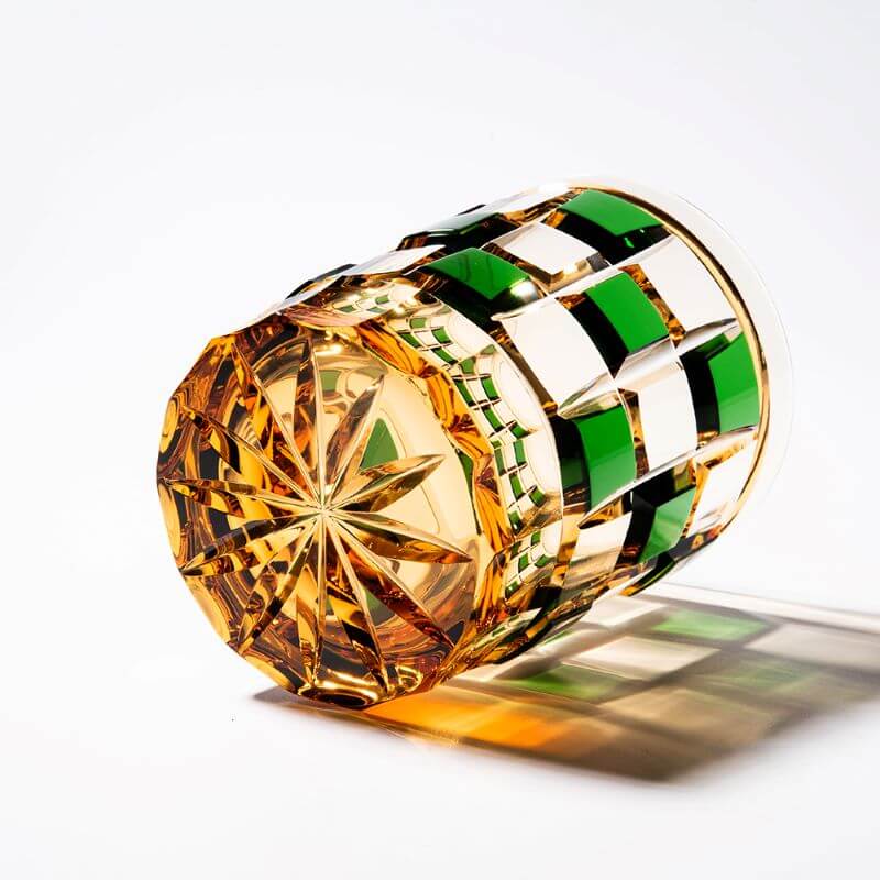 Edo Kiriko Green Amber Grid Hand-Cut Whisky Glass