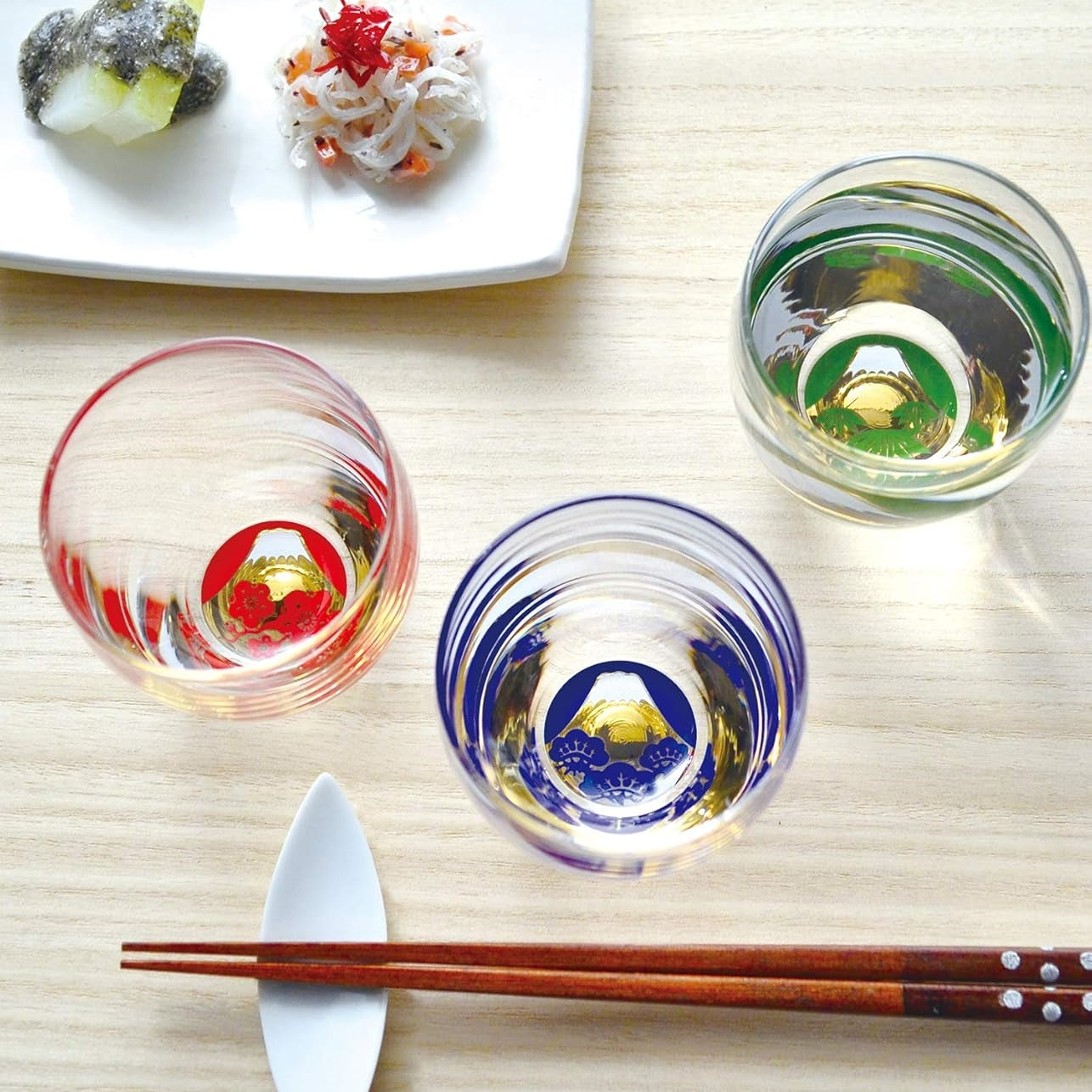 Toyo-Sasaki Shochikubai Japanese Handcrafted Glass Cup Set of 3 | Mt. Fuji Design