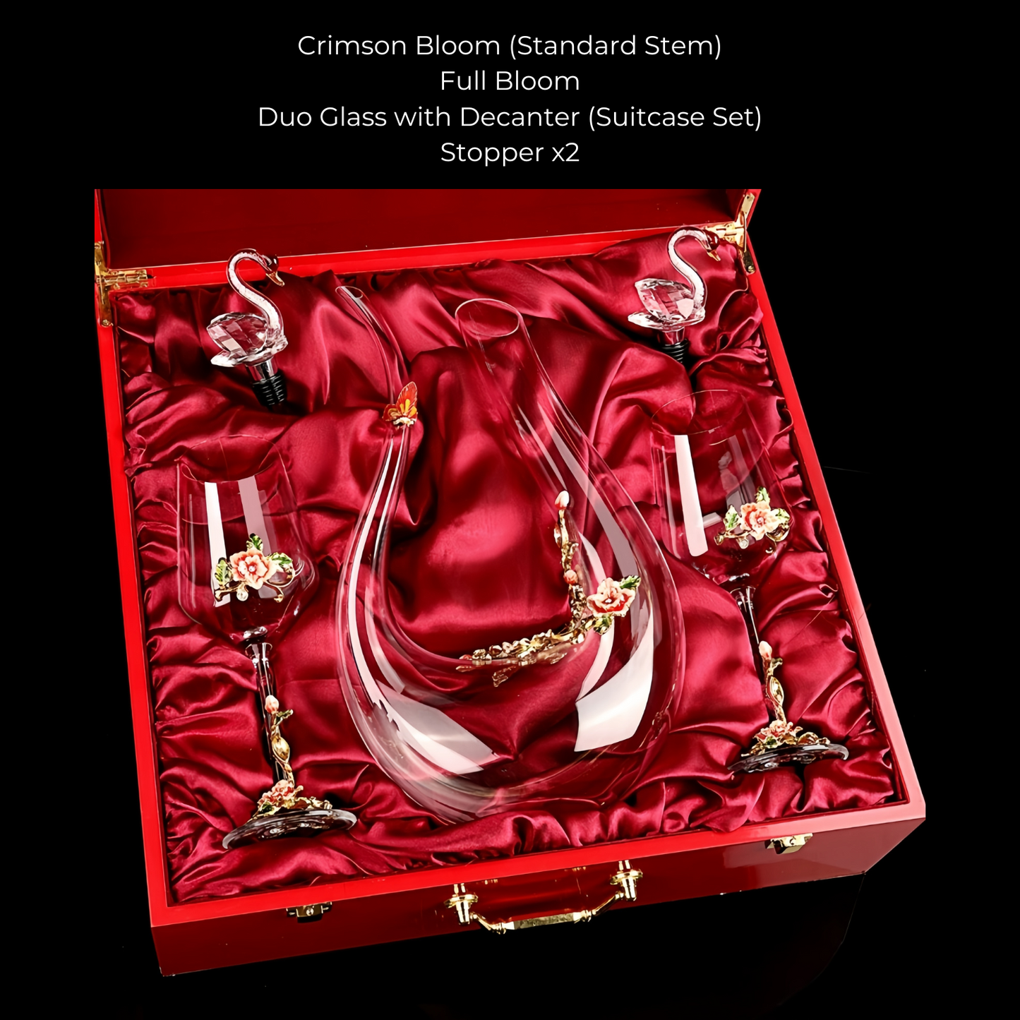 Metallic Flower Crystal Wine Glasses with Decanter Suitcase Set