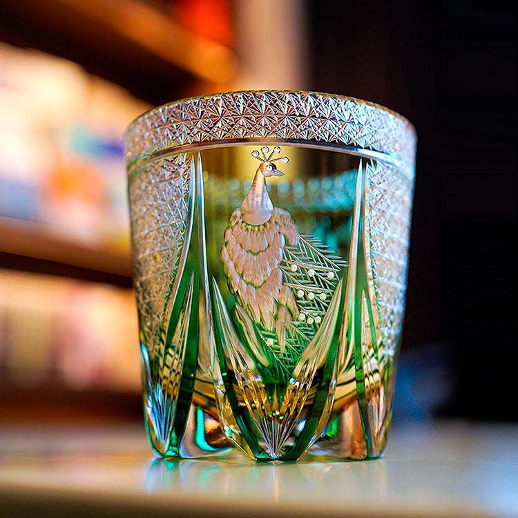 Edo Kiriko Emerald Peacock Hand-Cut Whisky Glass