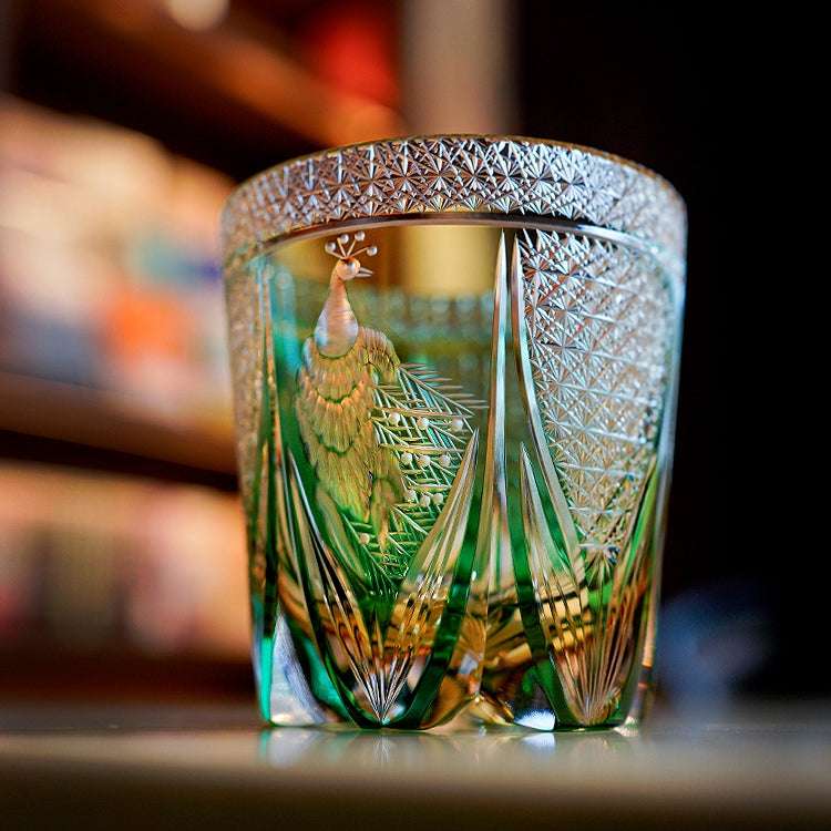 Edo Kiriko Emerald Peacock Hand-Cut Whisky Glass