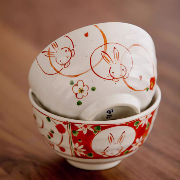 Authentic Hasami-yaki Hand-Painted Rabbit Motif Stoneware Bowl Set