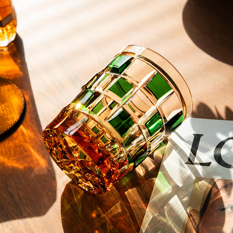 Edo Kiriko Green Amber Grid Hand-Cut Whisky Glass