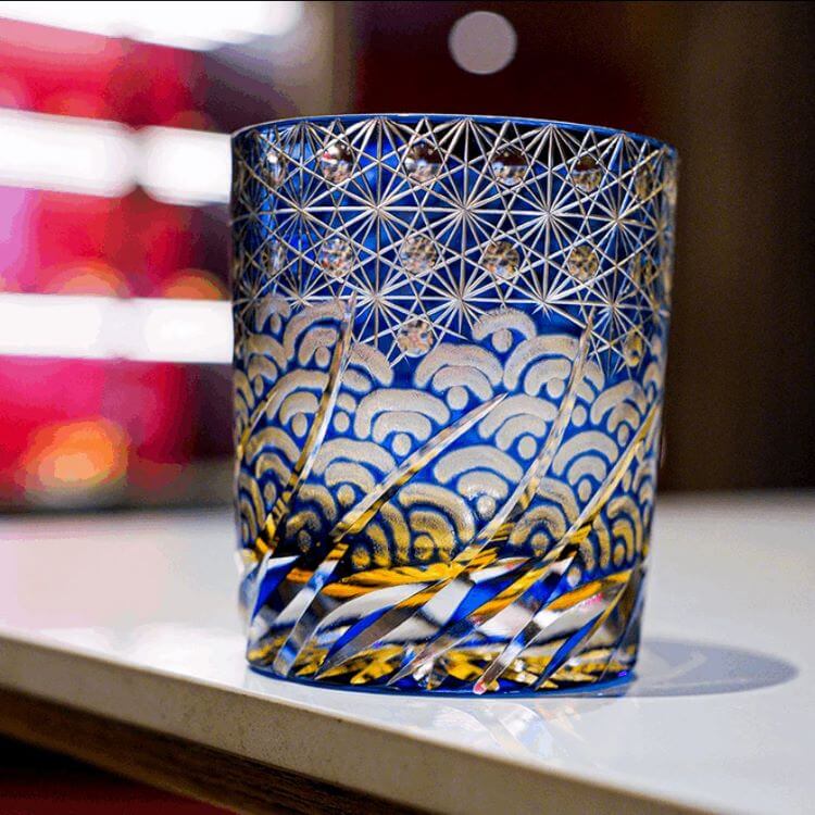 Edo Kiriko Blue Amber Hand-Cut Whisky Glass