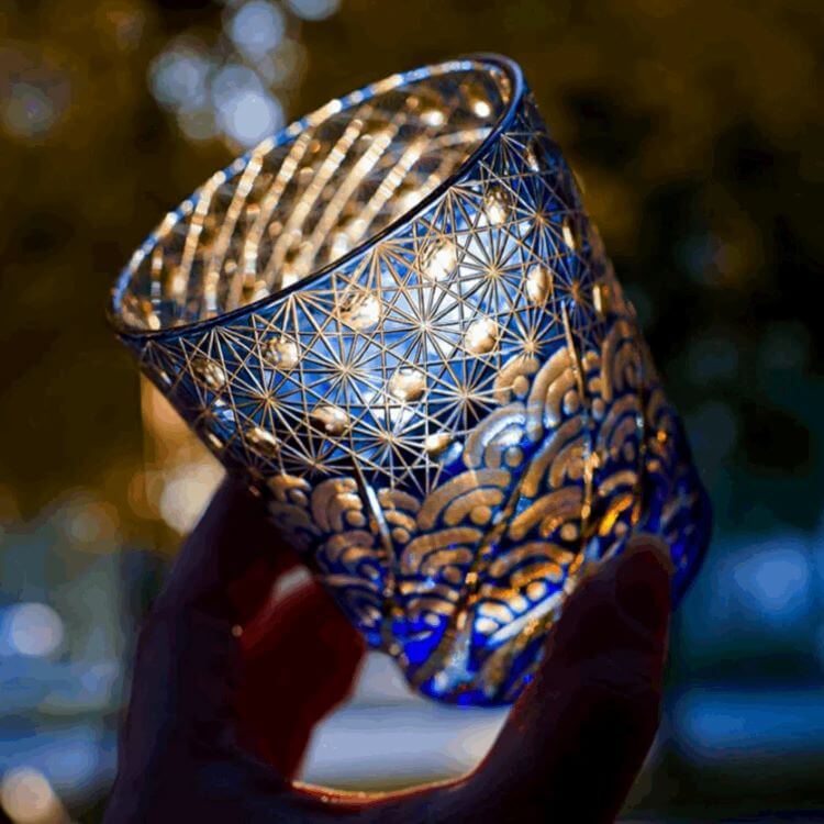 Edo Kiriko Blue Amber Hand-Cut Whisky Glass