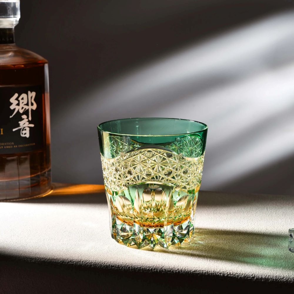 Edo Kiriko Emerald Prism Hand-Cut Whisky Glass