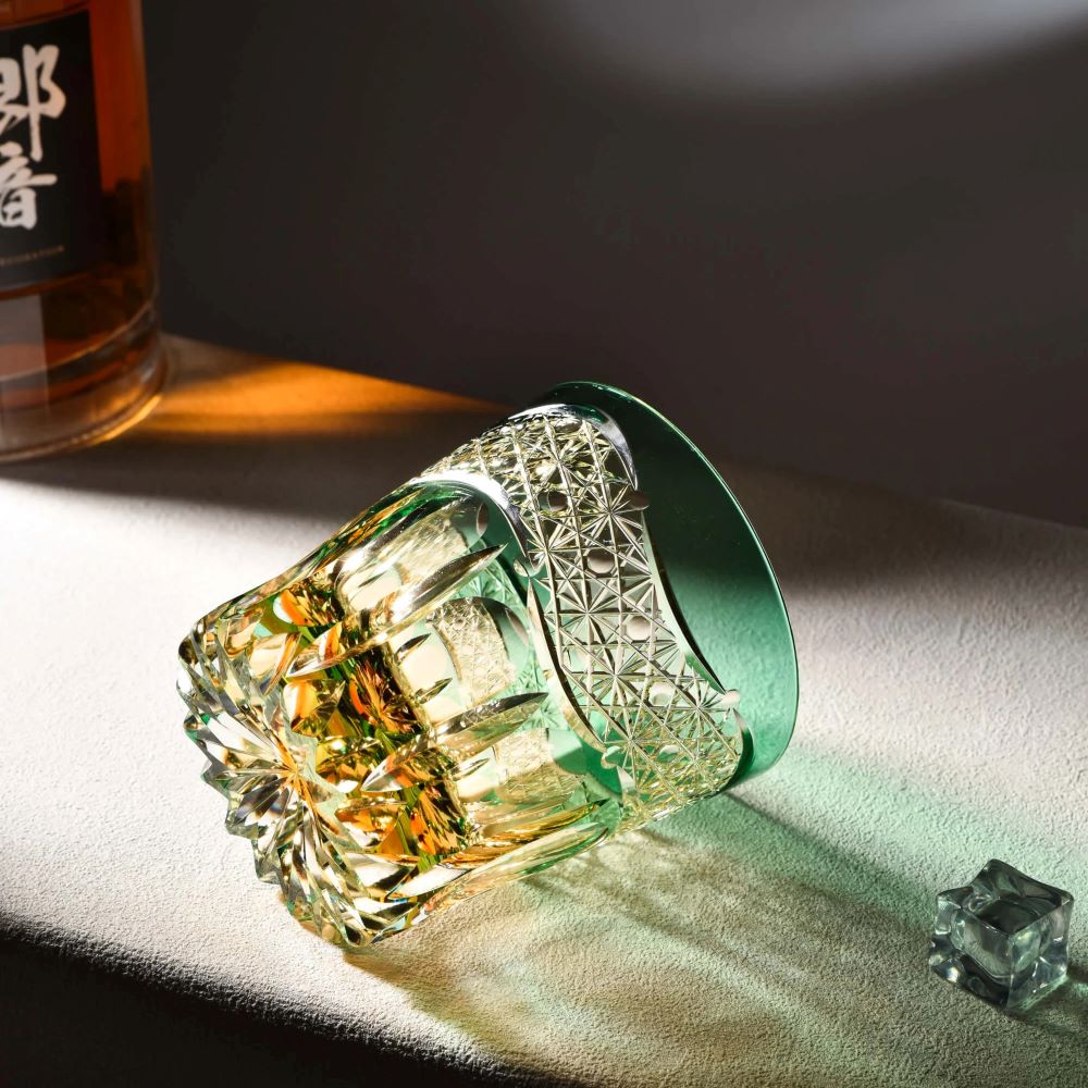 Edo Kiriko Emerald Prism Hand-Cut Whisky Glass