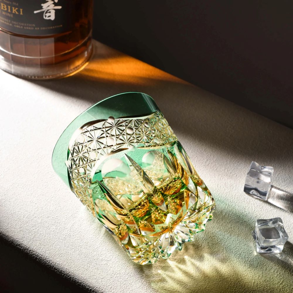 Edo Kiriko Emerald Prism Hand-Cut Whisky Glass