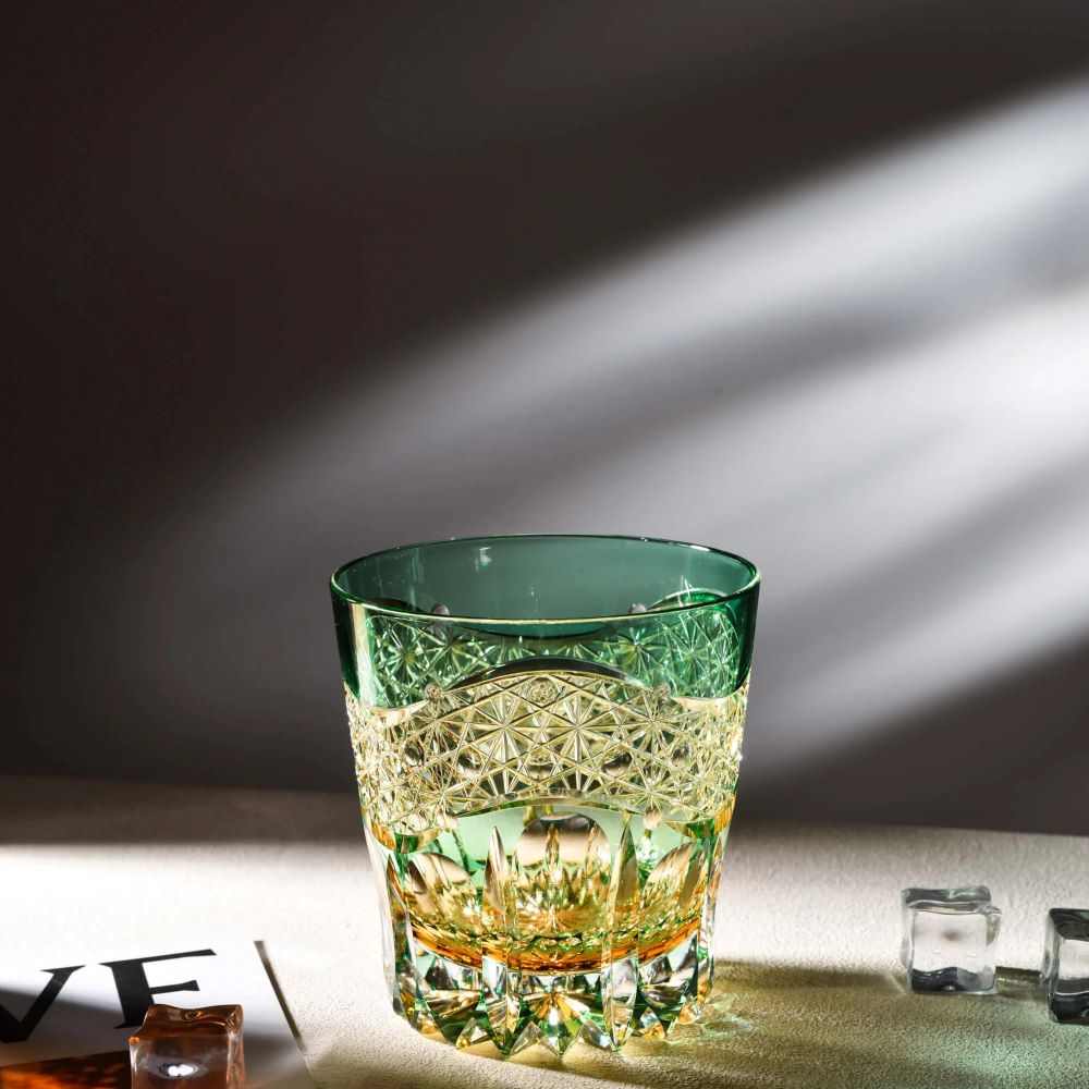 Edo Kiriko Emerald Prism Hand-Cut Whisky Glass