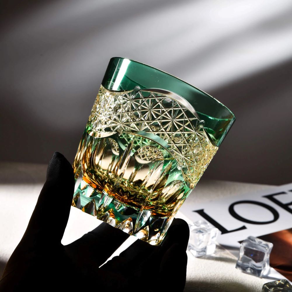 Edo Kiriko Emerald Prism Hand-Cut Whisky Glass