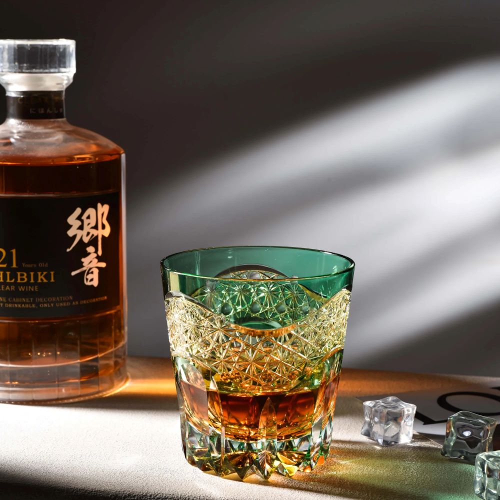 Edo Kiriko Emerald Prism Hand-Cut Whisky Glass