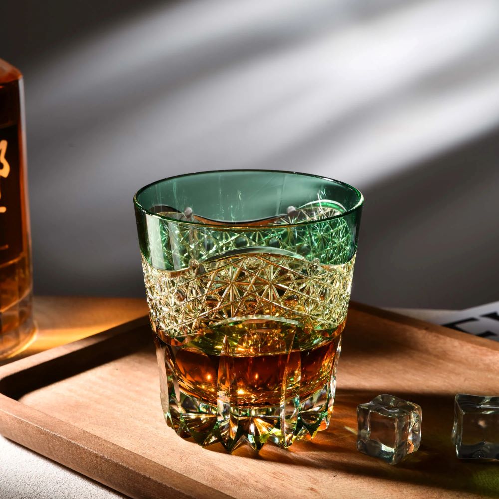 Edo Kiriko Emerald Prism Hand-Cut Whisky Glass