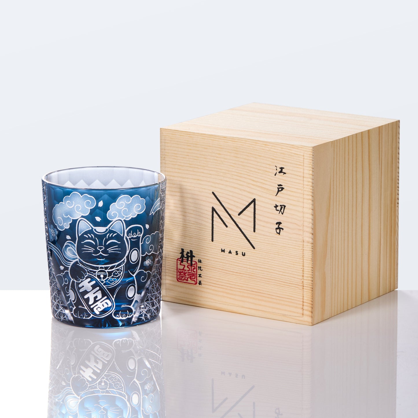 Edo Kiriko Handcrafted Aoi Maneki Neko Whisky Glass With Wooden Box