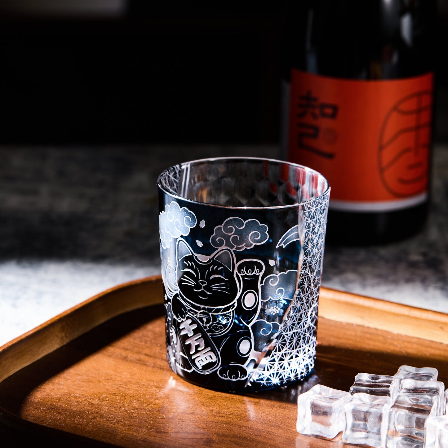 Edo Kiriko Handcrafted Aoi Maneki Neko Whisky Glass With Wooden Box