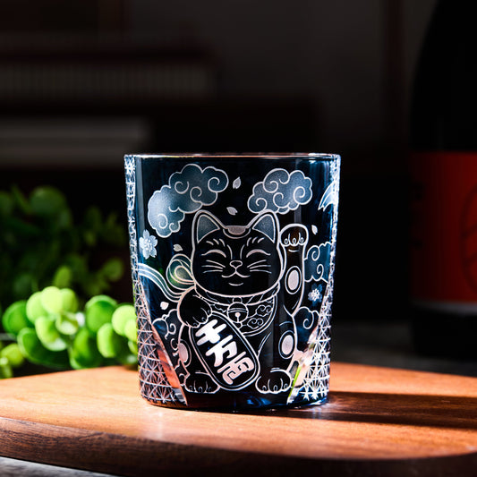 Edo Kiriko Handcrafted Aoi Maneki Neko Whisky Glass With Wooden Box