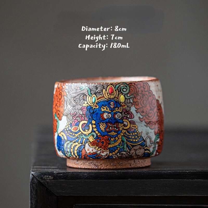 Hand-Painted Mahakala Tea Cup - Wabi-Sabi Style Ceramic Chawan
