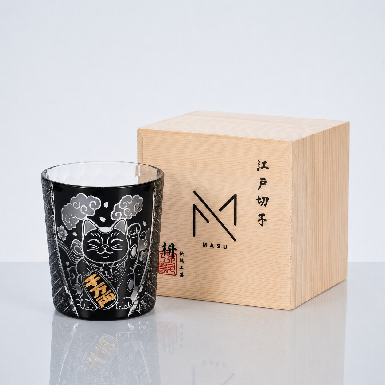 Edo Kiriko Handcrafted Kuro Kin Maneki Neko Whisky Glass With Wooden Box