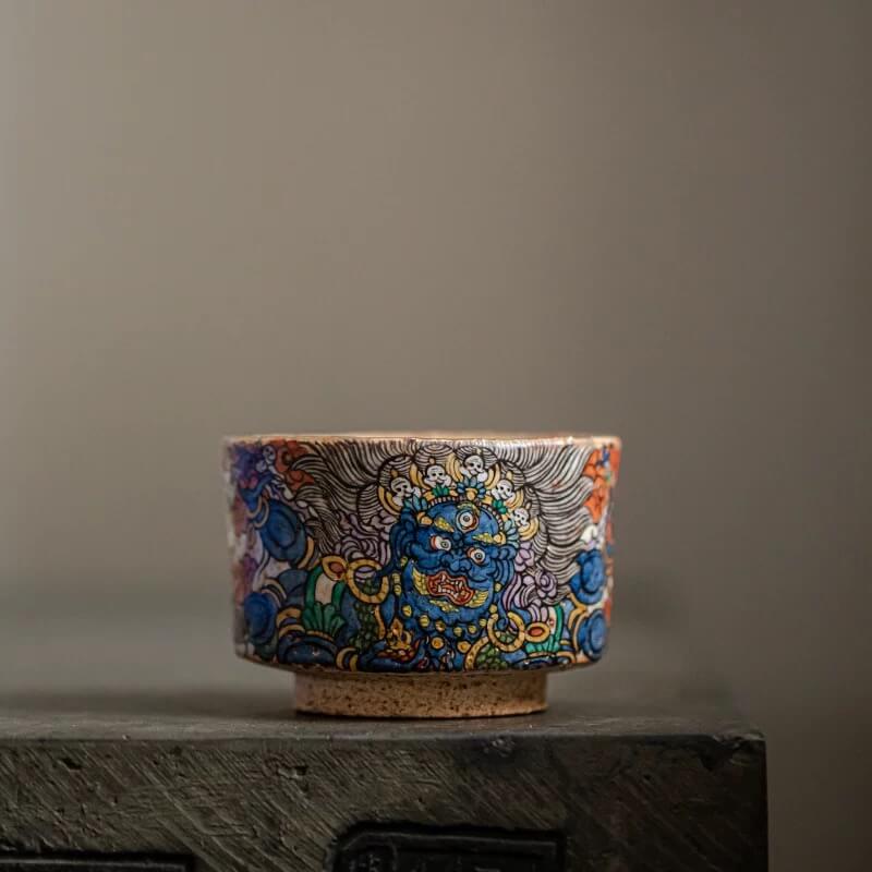 Hand-Painted Mahakala Tea Cup - Wabi-Sabi Style Ceramic Chawan