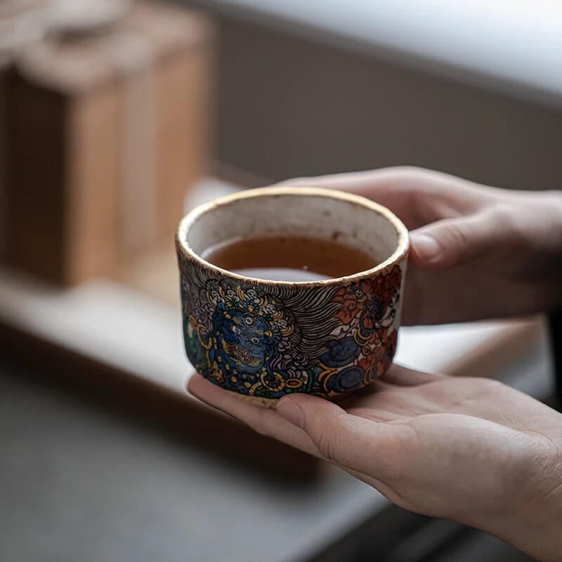 Hand-Painted Mahakala Tea Cup - Wabi-Sabi Style Ceramic Chawan