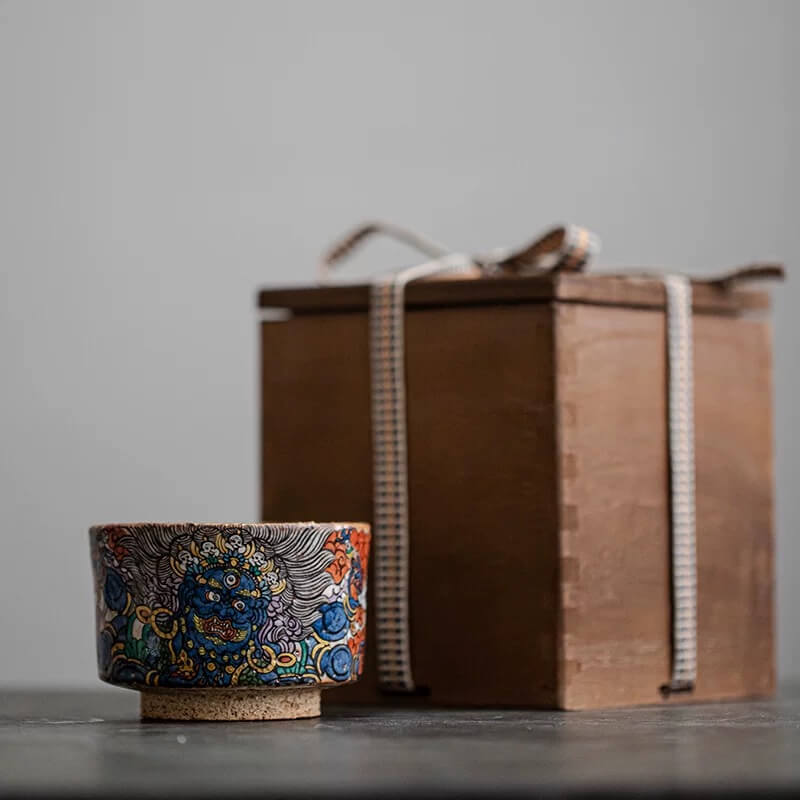 Hand-Painted Mahakala Tea Cup - Wabi-Sabi Style Ceramic Chawan