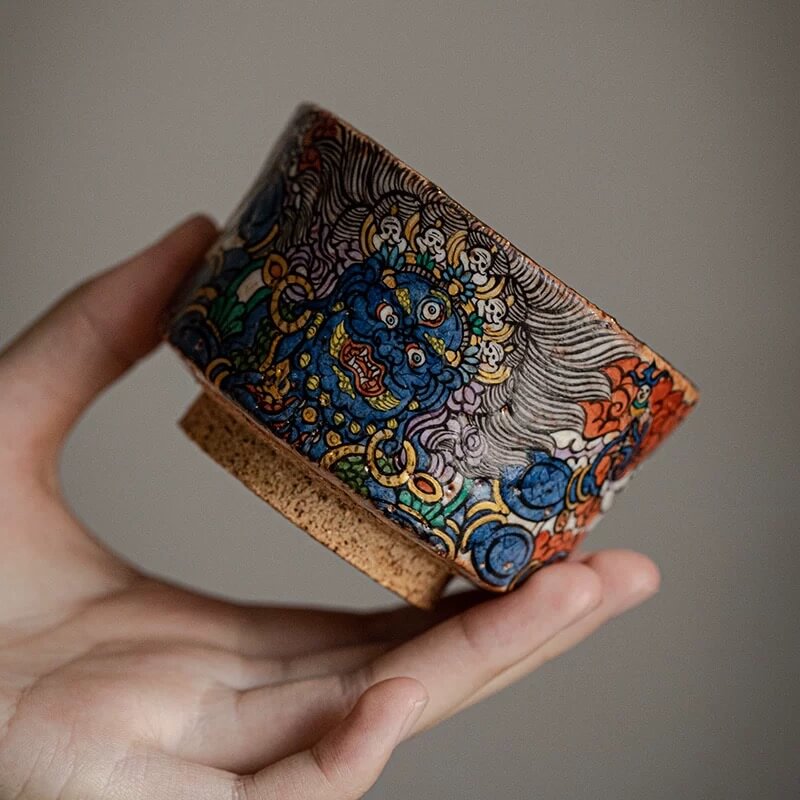 Hand-Painted Mahakala Tea Cup - Wabi-Sabi Style Ceramic Chawan