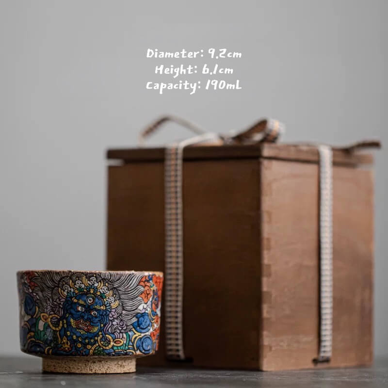 Hand-Painted Mahakala Tea Cup - Wabi-Sabi Style Ceramic Chawan