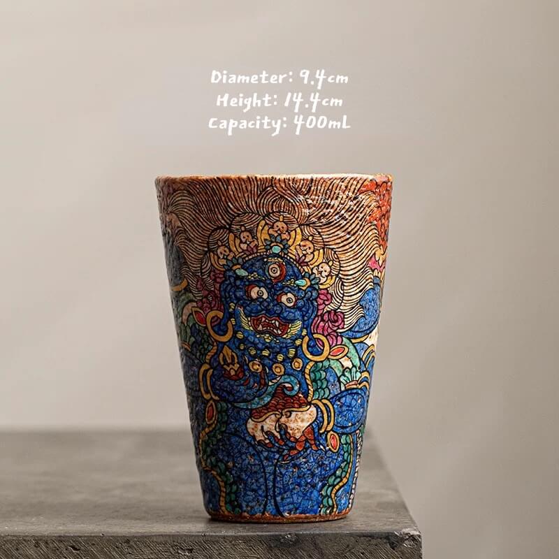 Hand-Painted Mahakala Tea Cup - Wabi-Sabi Style Ceramic Chawan