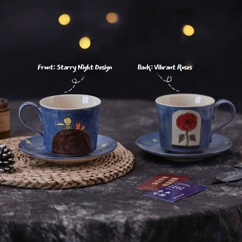 Hand-Painted Little Prince Coffee Set - Ceramic Mug & Saucer. Unique Couple's Gift for Birthday/Wedding