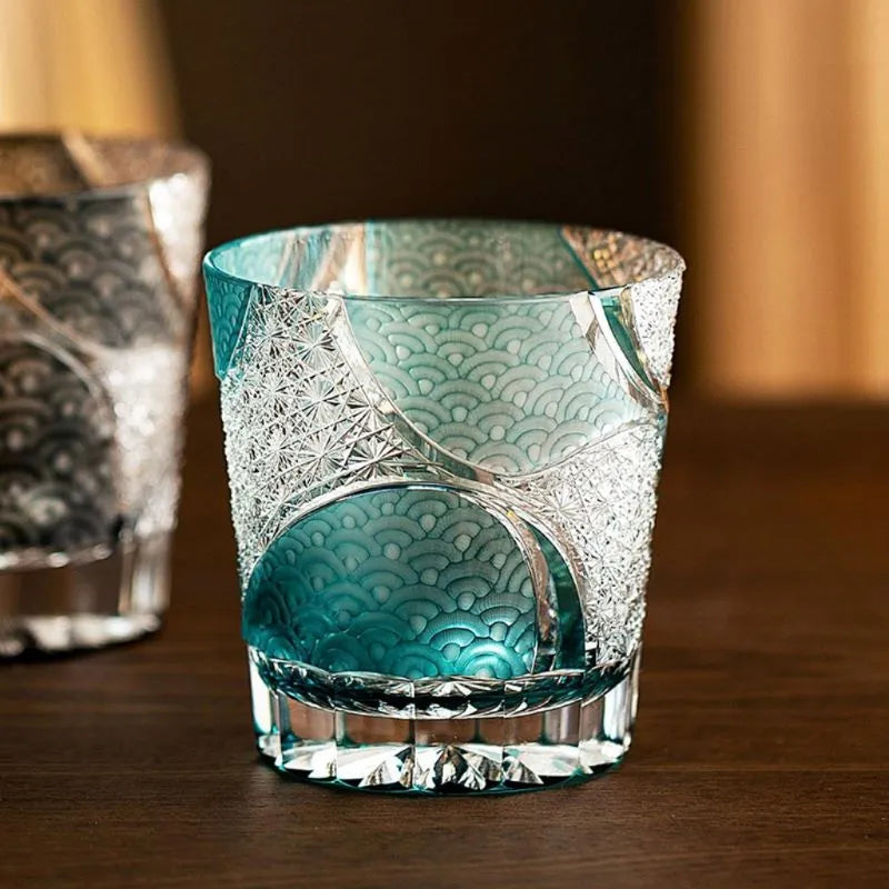 Edo Kiriko Ink Blue Cloud Hand-Cut Whisky Glass