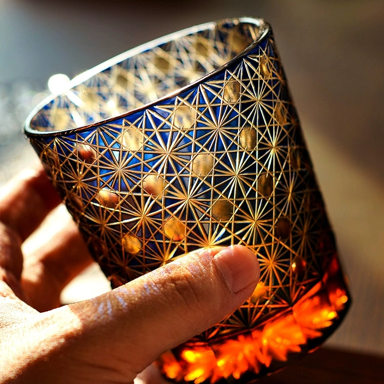 Edo Kiriko Star Chrysanthemum Whisky Glasses: Handcrafted Amber Crystal with Wooden Presentation Box