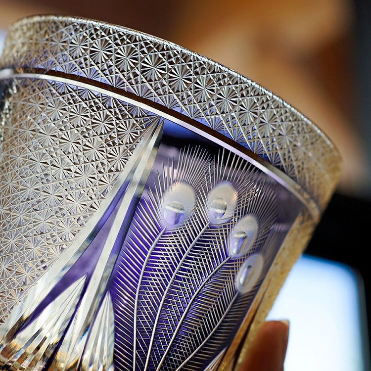 Personalized Edo Kiriko Handcrafted Violet Peacock Whisky Glass – A Royal Bloom in Crystal