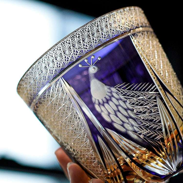 Edo Kiriko Violet Peacock Hand-Cut Whisky Glass