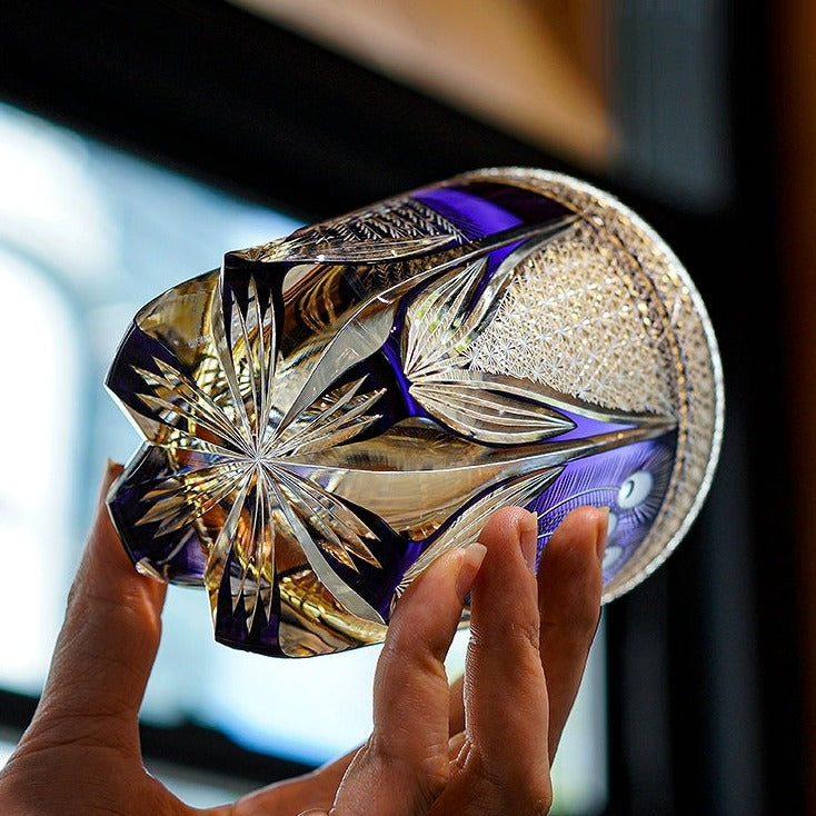 Personalized Edo Kiriko Handcrafted Violet Peacock Whisky Glass – A Royal Bloom in Crystal