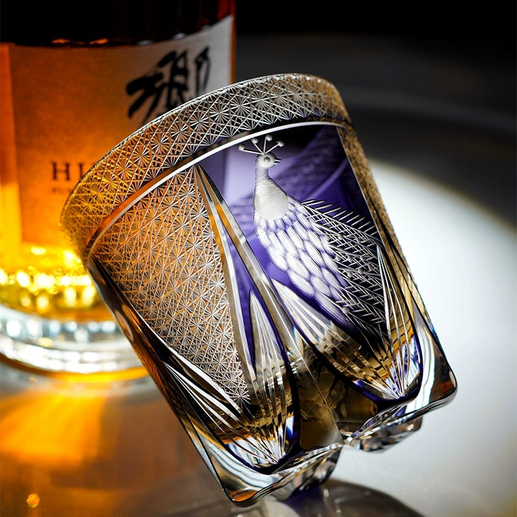 Personalized Edo Kiriko Handcrafted Violet Peacock Whisky Glass – A Royal Bloom in Crystal