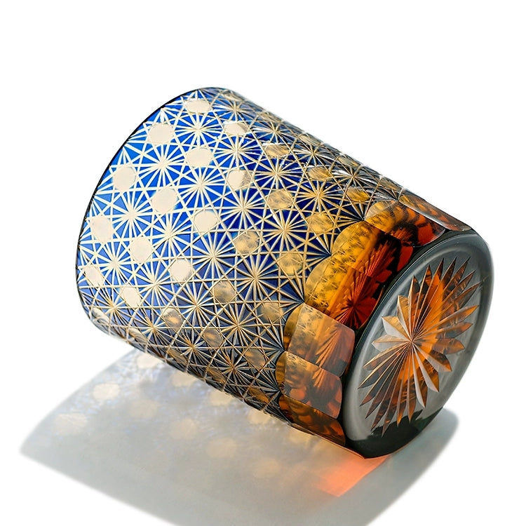 Edo Kiriko Star Chrysanthemum Whisky Glasses: Handcrafted Amber Crystal with Wooden Presentation Box