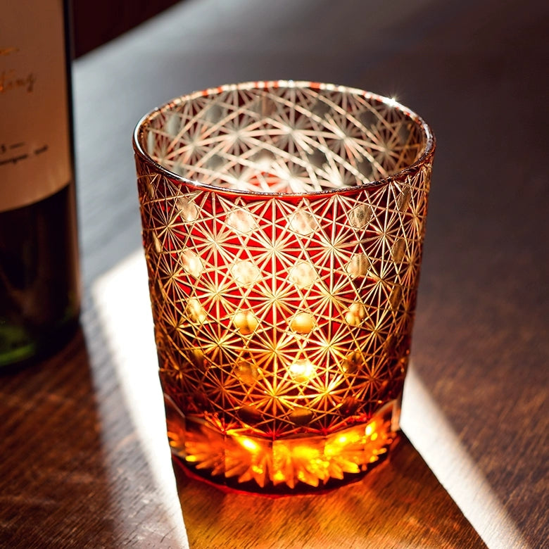 Edo Kiriko Star Chrysanthemum Whisky Glasses: Handcrafted Amber Crystal with Wooden Presentation Box
