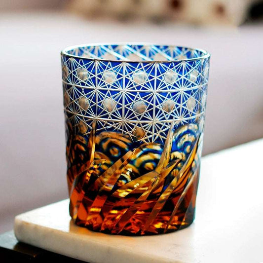 Edo Kiriko Blue Amber Hand-Cut Whisky Glass
