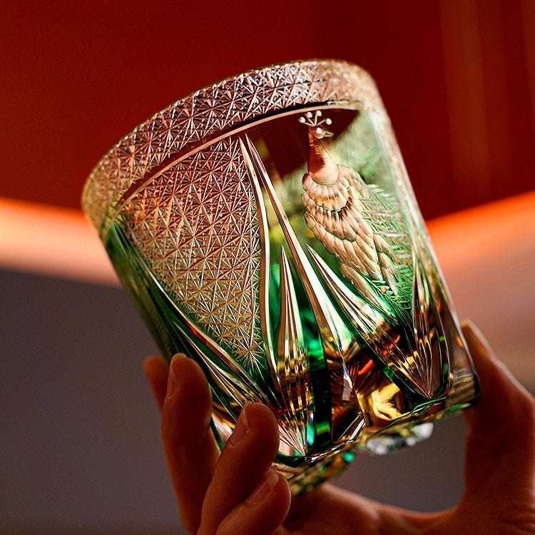 Edo Kiriko Emerald Peacock Hand-Cut Whisky Glass