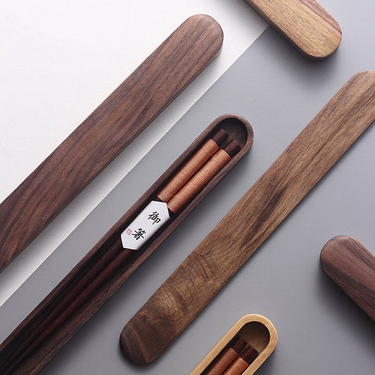 Black Walnut Chopsticks with Decorative Thread in a Wooden Box