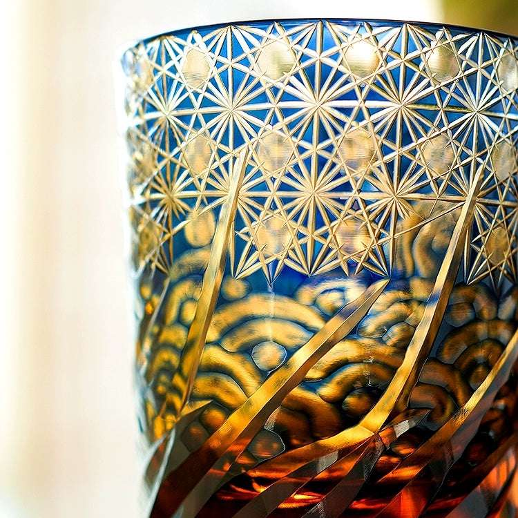 Edo Kiriko Blue Amber Hand-Cut Whisky Glass